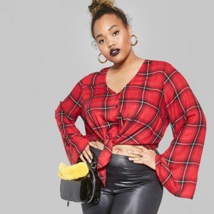 Wild Fable Red Plaid Bell Sleeve Top